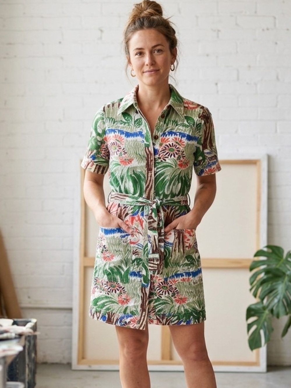 Victoria Beckham Sz 6 Tropical Belted Button Front Vacation Cotton Mini Dress